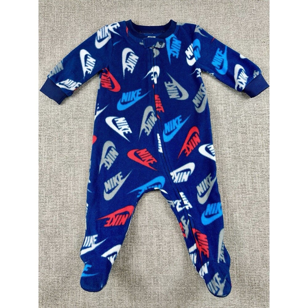 Nike Baby 6M Fleece Footed Sleeper Pajamas Blue Logo Swoosh Zip 62-68cm